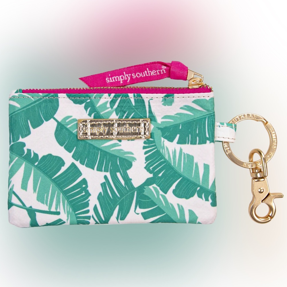 Simply Southern Palm Leaf Quilted Zip Wallet Keychain ID Case Green Pink